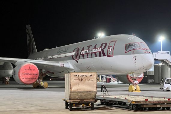 A view shows the Qatar Airways' airbus A350 parked outside Qatar Airways maintenance hangar in Doha