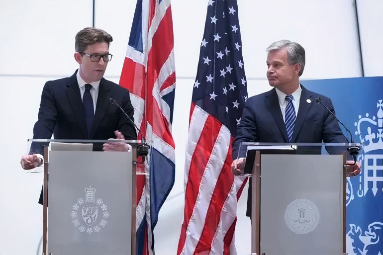 MI5 Director General Ken McCallum (left) and FBI Director Christopher Wray at a joint press conference at MI5 headquarters, in central London. Picture date: Wednesday July 6, 2022. (Photo by Dominic Lipinski/PA Images via Getty Images)