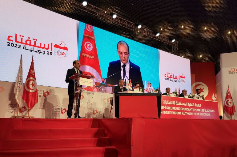 Farouk Bouasker, President of the Independent High Authority for Elections, speaks during the announcement of the preliminary results of a referendum on a new constitution in Tunis, Tunisia July 26, 2022. REUTERS/Tarek Amara