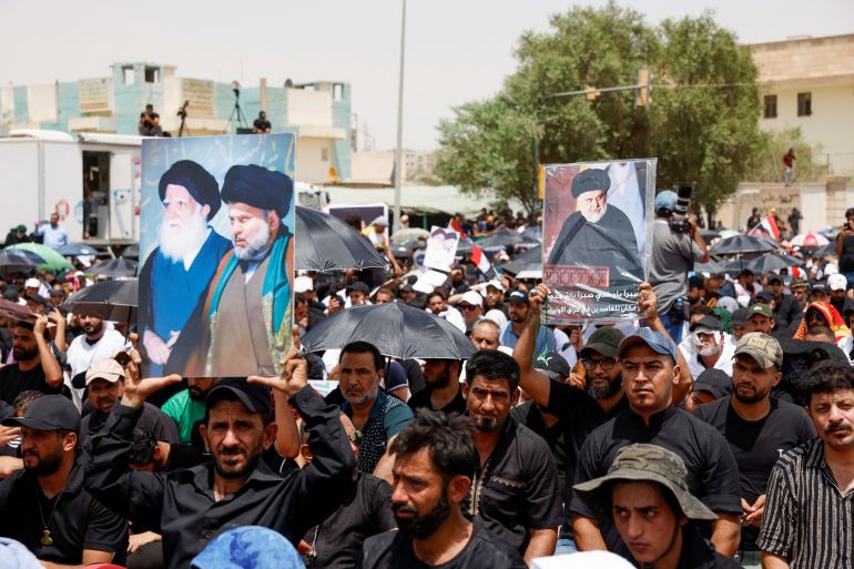Supporters of Iraqi populist leader Moqtada al-Sadr gather for mass Friday prayer, in Baghdad