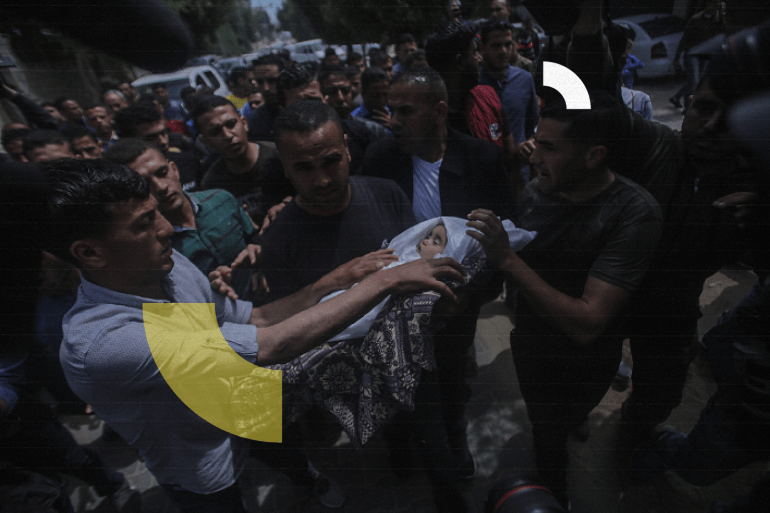 epa07548333 A Palestinian relative of fourteen-month baby girl Seba Abu-Arrar carries her body during her funeral with her relative woman in Al-Zaitun neighborhood in the east of Gaza City on, 05 May 2019. According to media reports, Hamas announced a total of four Palestinians have been killed in Gaza, include a woman and her 14-month-old daughter.The Israeli army announces it killed two Palestinian fighters in sites belonging to the militant groups Hamas. and the mother and baby may have been killed by a Palestinian rocket that fell short of its target. EPA-EFE/HAITHAM IMAD ATTENTION: GRAPHIC CONTENT