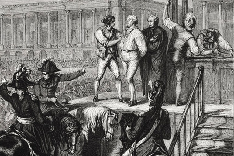 The execution of French king Louis XVI (1754 - 1793) during the French Revolution. Wood engraving, published in 1871.