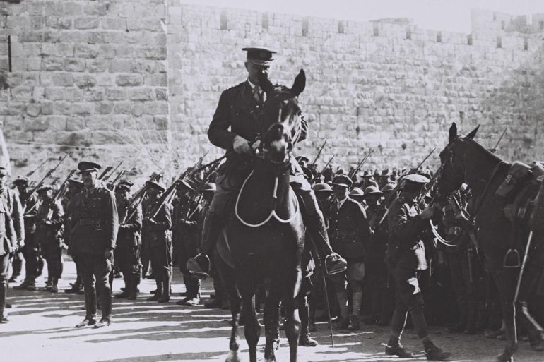 British General Edmund Hynman Allenby, who headed the British military's campaign in Palestine during World War One, rides his horse along the walls of Jerusalem's Old City in this December 11, 1917 file photo released by the Israeli Government Press Office (GPO) and obtained by Reuters on June 11, 2018. REUTERS/GPO/Eric Matson/Handout ATTENTION EDITORS - THIS IMAGE HAS BEEN SUPPLIED BY A THIRD PARTY. ISRAEL OUT. BLACK AND WHITE ONLY