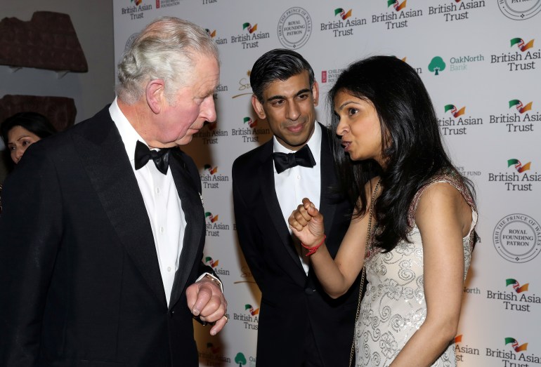 British Chancellor of the Exchequer Rishi Sunak and Akshata Murthy speak to Prince Charles at a reception to celebrate the British Asian Trust, at The British Museum, in London, Britain, February 9, 2022. Tristan Fewings/Pool via REUTERS