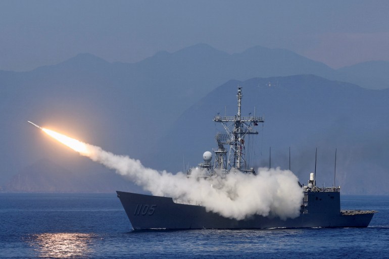 A missile is fired from ROCS Chi Kuang as part of Taiwan's main annual "Han Kuang" exercises