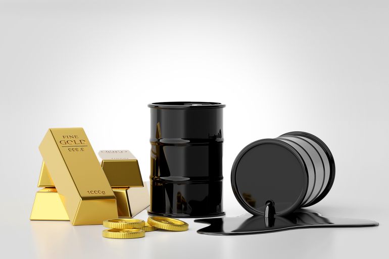 Investment concept, Stack of gold bar with barrel of oil with dollar coin, 3d illustration; Shutterstock ID 1988760425; purchase_order: ajnet; job: ; client: ; other: