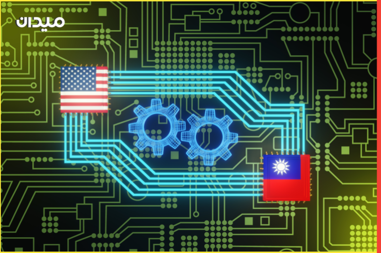 USA and Taiwan advanced computer processor CPU on circuit board. 3D illustration of the cooperation of semiconductor industry