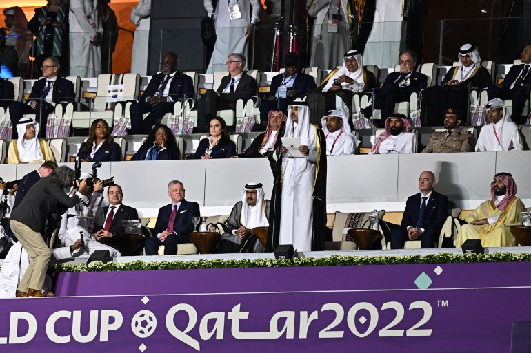 Qatar's Emir Sheikh Tamim bin Hamad al-Thani (3rdR) delivers a speech next to King of Jordan Abdullah II (5thR), Qatar's former Emir Sheikh Hamad bin Khalifa al-Thani (4thR), FIFA President Gianni Infantino (2ndR) and Saudi Arabia's Crown Prince Mohammed bin Salman al-Saud during the opening ceremony ahead of the Qatar 2022 World Cup Group A football match between Qatar and Ecuador at the Al-Bayt Stadium in Al Khor, north of Doha on November 20, 2022. (Photo by MANAN VATSYAYANA / AFP)