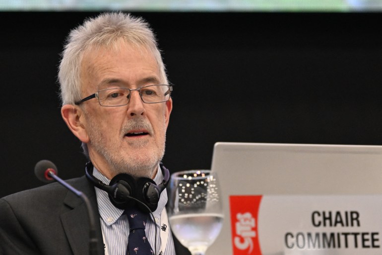 British delegate Vin Fleming chairs the final session of the Convention on International Trade in Endangered Species (CITES) summit at the Panama City Convention Center on November 24, 2022. (Photo by Luis Acosta / AFP)