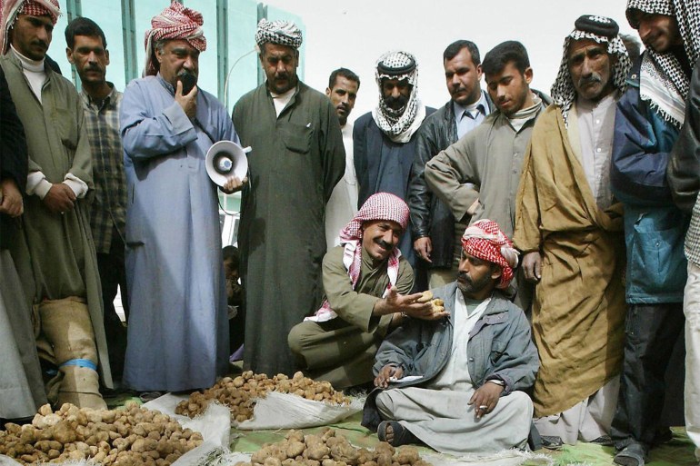 Truffle iraq الكمأ .. اللحم النباتي المفضل عند العراقيين في فصل الشتاء .. لماذا؟ Iraqis gather to deal on truffle, called SAMAWA, IRAQ: Iraqis gather to deal on truffle, called "Kamaa" in Arabic, at a market in Sammawa, 270 kms south of Baghdad,16 February 2004. The truffle, harvested in early Spring, grows only on the Iraqi-Saudi border. AFP PHOTO/Kazuhiro NOGI (Photo credit should read KAZUHIRO NOGI/AFP via Getty Images)
