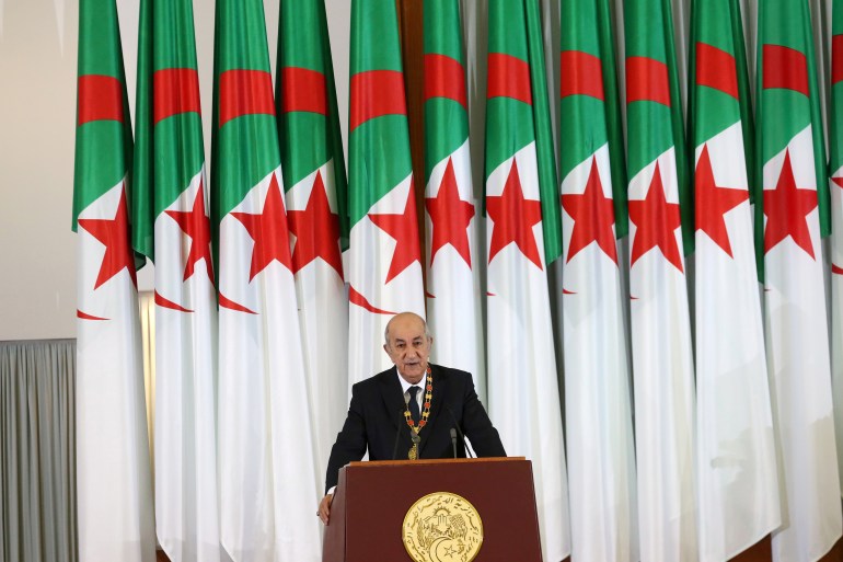 FILE PHOTO: Newly elected Algerian President Abdelmadjid Tebboune delivers a speech during a swearing-in ceremony in Algiers, Algeria December 19, 2019. REUTERS/Ramzi Boudina/File Photo