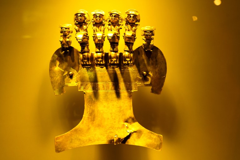 BOGOTA, COLOMBIA - NOV 18, 2019: Gold artifacts on display in the Museo del Oro (Gold Museum).