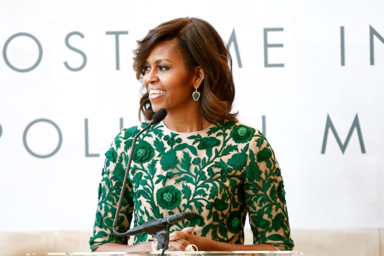 NEW YORK-MAY 5: First Lady of the United States Michelle Obama speaks at the Anna Wintour Costume Center Grand Opening at the Metropolitan Museum of Art on May 5, 2014 in New York City.