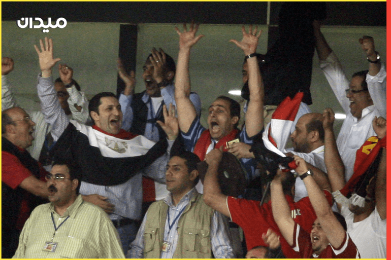 Egypt President Hosni Mubarak's sons Alaa Mubarak (centre L) and Gamal Mubarak (centre R), who is also the head of the higher political committee of the country's National Democratic Party (NDP), celebrate after Egypt won the Africa Cup of Nations final match against Ghana in Luanda January 31, 2010. REUTERS/Amr Abdallah Dalsh (ANGOLA - Tags: SPORT SOCCER)