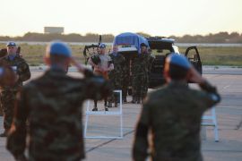 Members of UNIFIL peacekeepers carry the coffin of Irish soldier Sean Rooney who was killed on a U.N. peacekeeping Patrol, during a repatriation ceremony at Beirut international airport, in Beirut