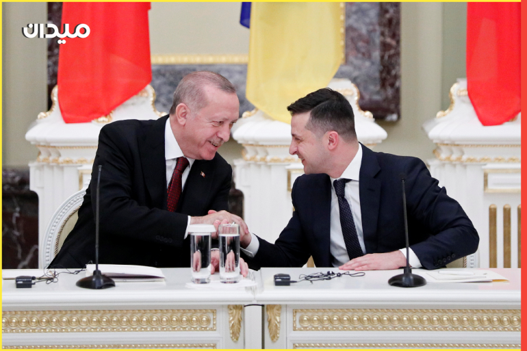 Ukrainian President Volodymyr Zelenskiy and Turkish President Tayyip Erdogan shake hands during a joint news conference following their meeting at the Mariyinsky Palace in Kiev, Ukraine February 3, 2020. REUTERS/Gleb Garanich