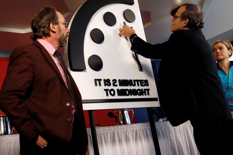 Bulletin of the Atomic Scientists move the 'Doomsday Clock' hands to two minutes until midnight in Washington