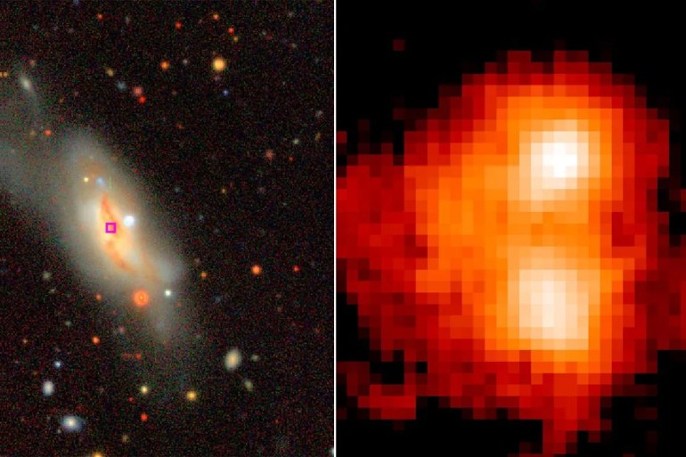 Doomed pair of supermassive black holes the closest to collision ever seen المصدر: Credit: M.J. Koss et al.