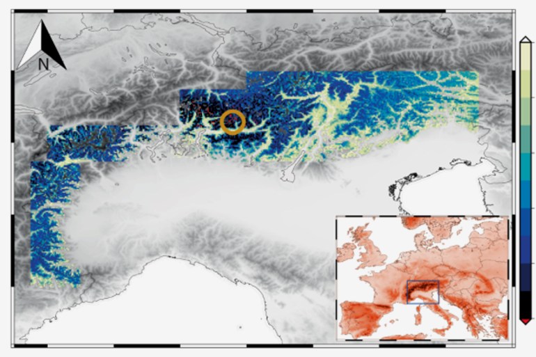 The map represents the field correlations computed between the Ventina site chronology (orange circle) against gridded 30ʹ resolution modelled snow cover duration as derived by 1951–2018 instrumental data. This period represents the common timespan for daily meteorological series for the whole domain. The blue box in the inset map shows the location of the region represented with reference to central Europe المصدر: Nature