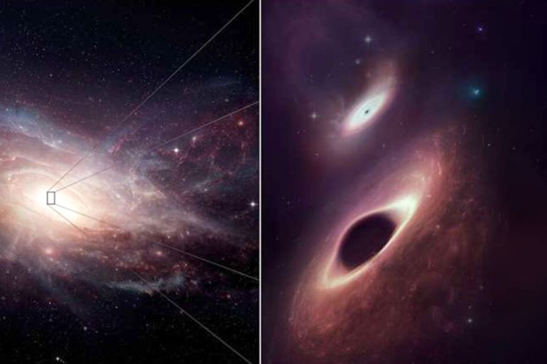 Doomed pair of supermassive black holes the closest to collision ever seen المصدر: Credit: ALMA (ESO/NAOJ/NRAO); M. Weiss (NRAO/AUI/NSF)