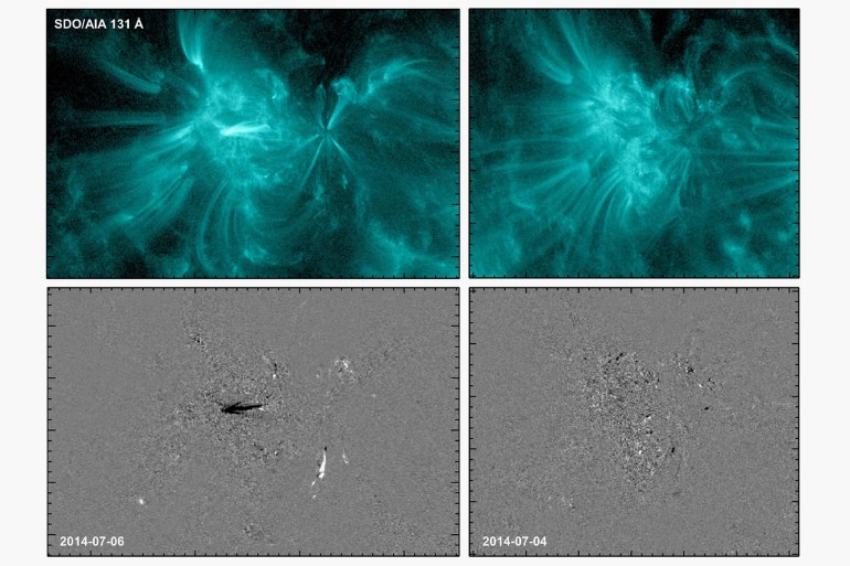 للاستخدام الداخلي فقط - صور لمنطقة نشطة شمسيا تم التقاطها بواسطة مرصد ديناميات الطاقة الشمسية تظهر التغيرات في السطوع (ناسا)