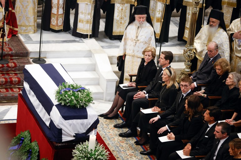 Greece's former Queen Anne Marie, former Crown Prince Pavlos and Princess Marie-Chantal, former Spanish King Juan Carlos and Queen Sofia attend the funeral service of former King of Greece Constantine II in the Metropolitan Cathedral of Athens, Greece, January 16, 2023. REUTERS/Stoyan Nenov/Pool