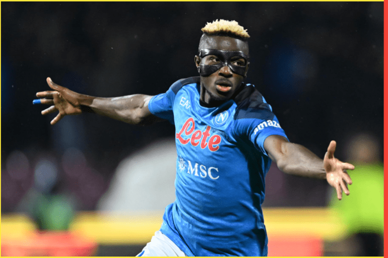 SALERNO, ITALY - JANUARY 21: Victor Osimhen of SSC Napoli celebrates after scoring the 0-2 goal during the Serie A match between Salernitana and SSC Napoli at Stadio Arechi on January 21, 2023 in Salerno, Italy. (Photo by Francesco Pecoraro/Getty Images)