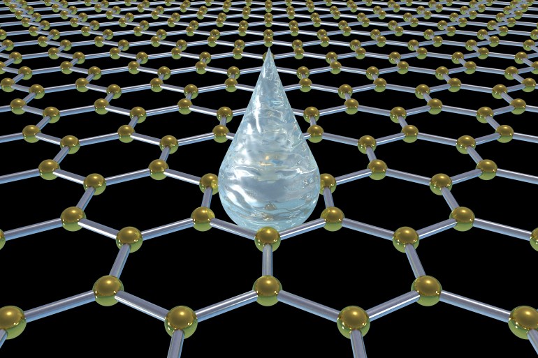 Graphene water filter, conceptual computer illustration. Graphene sheets could be used for water filtration, making drinking water from sea water, or as a biofilter