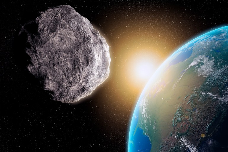 Near-Earth asteroid, artwork - stock illustration Near-Earth asteroid, computer artwork. اكتشاف خصائص كويكب "إيتوكاوا" يمكن أن تحمي الأرض من اصطدام الكويكبات (غيتي إيميجز)