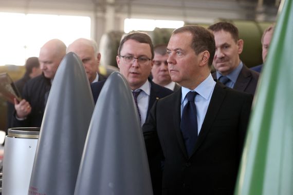 Deputy head of Russia's Security Council and chairman of the United Russia party Dmitry Medvedev visits the Raduga State Machine Building Construction Bureau in Dubna