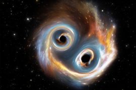 shutterstock_1900821238 Merging of black holes in deep space. 3d illustration