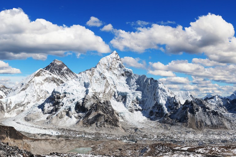 himalaya, panoramic view of himalayas mountain, Mount Everest with beautiful sky and Khumbu Glacier - way to ...