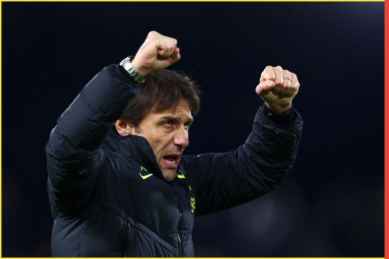 LONDON, ENGLAND - JANUARY 23: Antonio Conte, Manager of Tottenham Hotspur, celebrates after the team's victory during the Premier League match between Fulham FC and Tottenham Hotspur at Craven Cottage on January 23, 2023 in London, England. (Photo by Clive Rose/Getty Images)