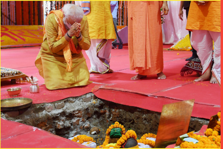 Indian Prime Minister Narendra Modi- - UTTAR PRADESH, INDIA - AUGUST 05: (----EDITORIAL USE ONLY – MANDATORY CREDIT - "INDIAN GOVERNMENT / HANDOUT" - NO MARKETING NO ADVERTISING CAMPAIGNS - DISTRIBUTED AS A SERVICE TO CLIENTS----) Indian Prime Minister Narendra Modi performs Bhoomi Pujan at ‘Shree Ram Janmabhoomi Mandir’ (Ram Temple) in Ayodhya, Uttar Pradesh on August 05, 2020.