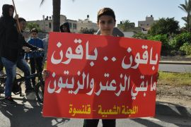 فتى فلسطيني من بلدة قلنسوة يرفع لافته يؤكد تجذره في أرضه تصديا للهدم والمصادرة