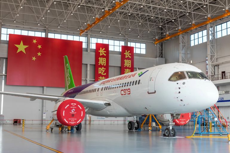 A COMAC C919 narrow-body airliner on display during the 2021 China Aviation Industry Conference And Nanchang Air Show on October 30, 2021 in Nanchang, China. LI TONG/VCG VIA GETTY IMAGES