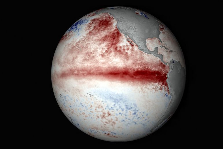 Edited NOAA visualization of the current El Nino conditions in the Central Pacific and off the coast of South America. From what I've read (don't you love passive voice?) it's the strongest El Nino in a long time, which will hopefully bring some relief to the droughts in the Western United States and Mexico. Source:noaa