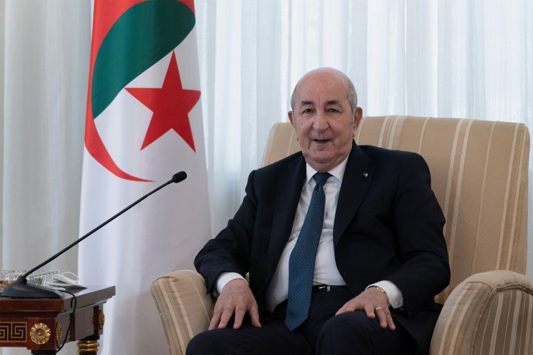 Algeria's President Abdelmadjid Tebboune, speaks during the start of a meeting with U.S. Secretary of State Antony Blinken (not pictured), at El Mouradia Palace, the President's official residence in Algiers, Algeria March 30, 2022. Jacquelyn Martin/Pool via REUTERS