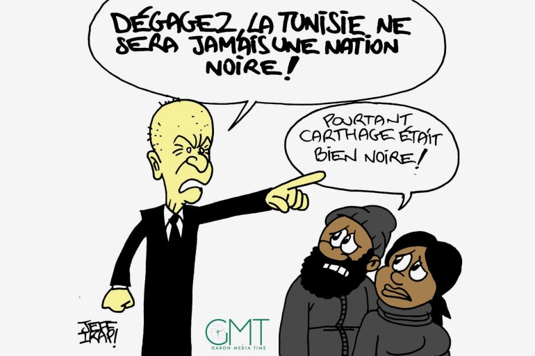 ** للاستخدام الداخلي فقط ** (كاركاتير لصحيفة غابونية ضد تصريحات الرئيس التونسي)