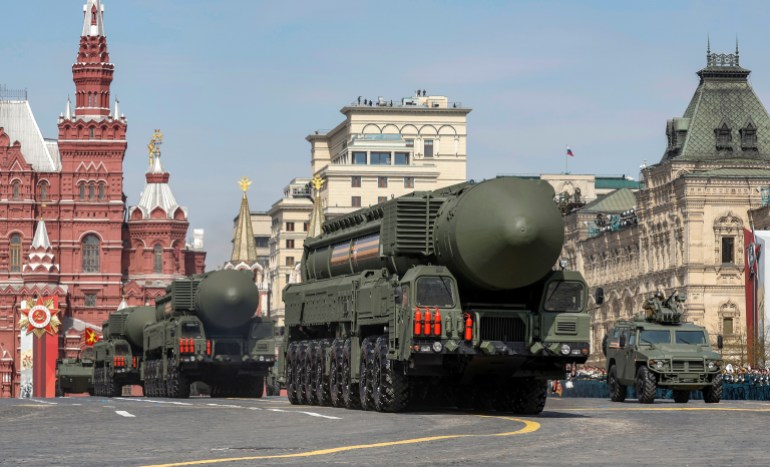 Russian military vehicles, including Yars intercontinental ballistic missile systems, drive in Red Square during a rehearsal for a military parade marking the anniversary of the victory over Nazi Germany in World War Two in central Moscow, Russia May 7, 2022. REUTERS/Maxim Shemetov