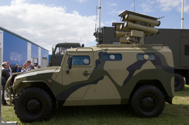 Russian anti-tank guided missile system Kornet D is on display at the opening of the MAKS Air Show in Zhukovsky outside Moscow on Tuesday, Aug. 27, 2013. (AP Photo/Ivan Sekretarev)