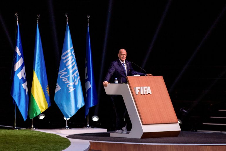 FIFA president Gianni Infantino addresses the 73rd FIFA Congress in Kigali