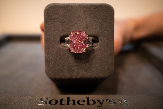 A pink diamond with an estimated value of $35 million is displayed during a press preview ahead of Sotheby's Magnificent Jewels sale on June 8, 2023 auction at Sotheby's in New York City