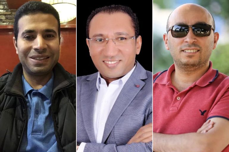 الصحفيون بقناة الجزيرة مباشر بهاء الدين إبراهيم (يمين) وربيع الشيخ (وسط) وهشام عبد العزيز (مواقع التواصل)