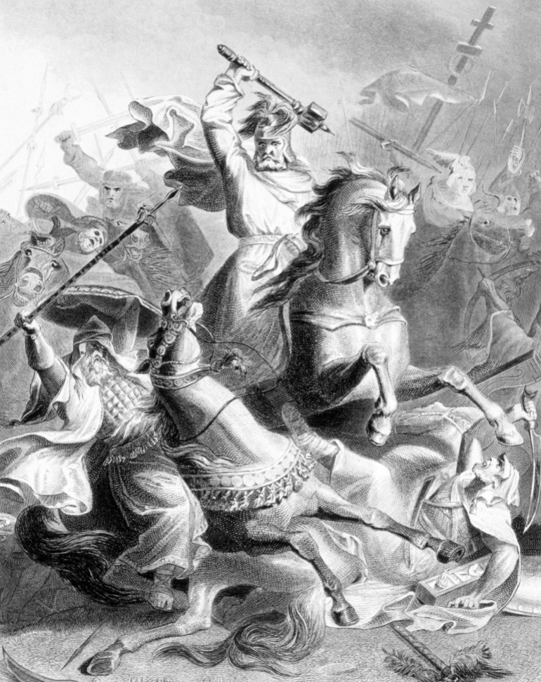 *****داخليه فقط****Charles Martel halting the Moorish conquest of Europe at the Battle of Tours, 732 A.D., engraving after the painting by G. Bleibtrau, 1882