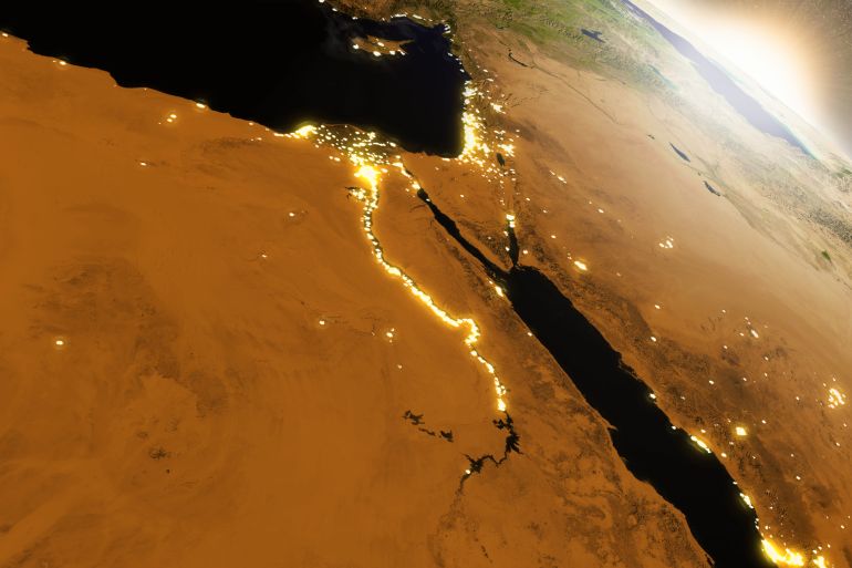 Egypt with surrounding region during sunrise as seen from Earth's orbit in space. 3D illustration with realistic planet surface, clouds and city lights. Elements of this image furnished by NASA.; Shutterstock ID 444689929; purchase_order: ajnet; job: ; client: ; other: