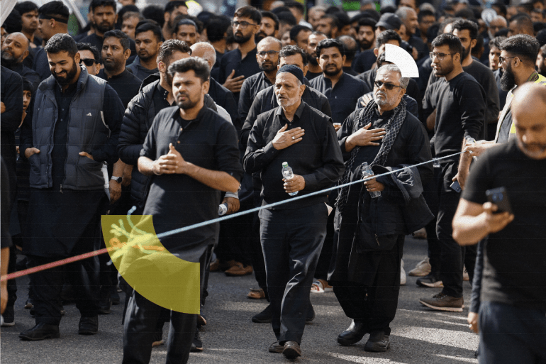 GLASGOW, SCOTLAND - AUGUST 09: Muslim men chant during the Ashura festival procession through Glasgow on August 09, 2022 in Glasgow, Scotland. Ashura is a day of atonement for Shiite Muslims and commemorates the death of Husayn ibn Ali, a grandson of the prophet Muhammad. The procession was organised by the Shia Asna Ashri Islamic Centre of Glasgow. (Photo by Jeff J Mitchell/Getty Images)