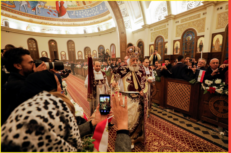 Pope Tawadros II, the 118th Pope of the Coptic Orthodox Church of Alexandria and Patriarch of the See of St. Mark Cathedral, leads Egypt's Coptic Christmas eve Mass at the Cathedral of the Nativity of Christ in the New Administrative Capital (NAC) east of Cairo, Egypt January 6, 2020. REUTERS/Mohamed Abd El Ghany