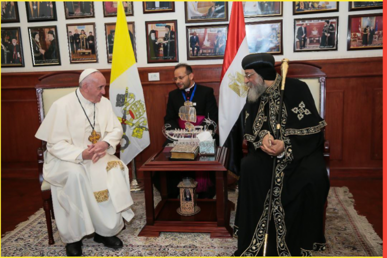Pope Francis in Egypt- - CAIRO, EGYPT - APRIL 28 : (----EDITORIAL USE ONLY – MANDATORY CREDIT - "COPTIC ORTHODOX CHURCH OF ALEXANDRIA / HANDOUT" - NO MARKETING NO ADVERTISING CAMPAIGNS - DISTRIBUTED AS A SERVICE TO CLIENTS----) Pope Francis (L) meets with Pope Tawadros II of Alexandria (R) at The Saint Mark's Coptic Orthodox Cathedral in Abbassia district of Cairo, Egypt on April 28, 2017.