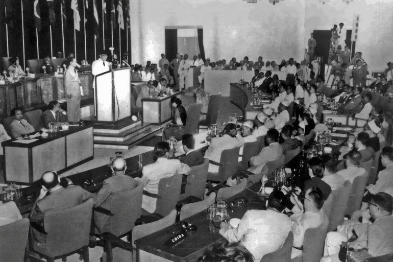 Photograph from the Bandung Conference, a meeting of Asian and African states who were newly independent. Bandung, Indonesia. Dated 1955. (Photo by Universal History Archive/Universal Images Group via Getty Images) GettyImages-590675135